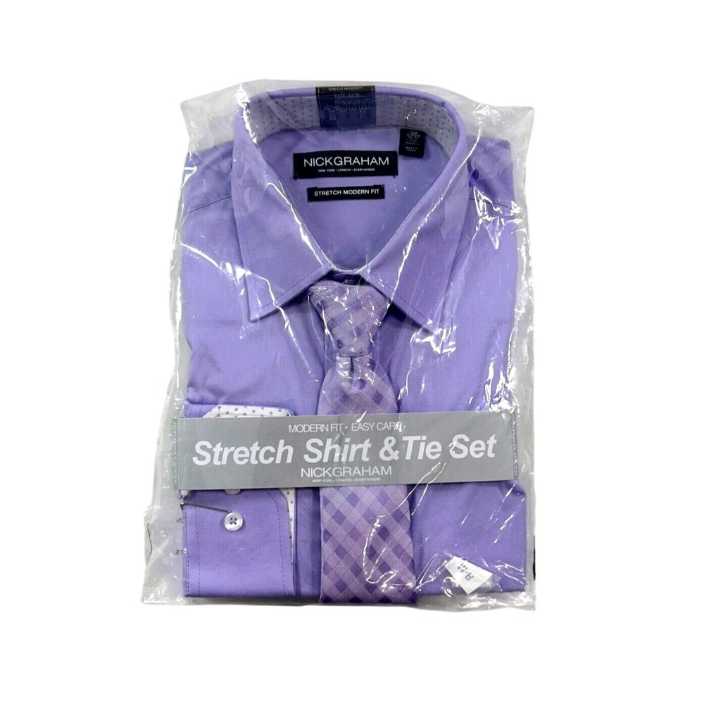 Nick Graham Dress Shirt & Tie Set Mens Medium 15.5 32-33‎ Lavendar Modern-Fit